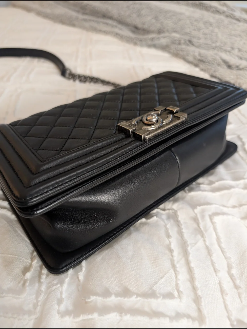 Chanel Black Quilted Leather Boy Bag with Chain Strap
